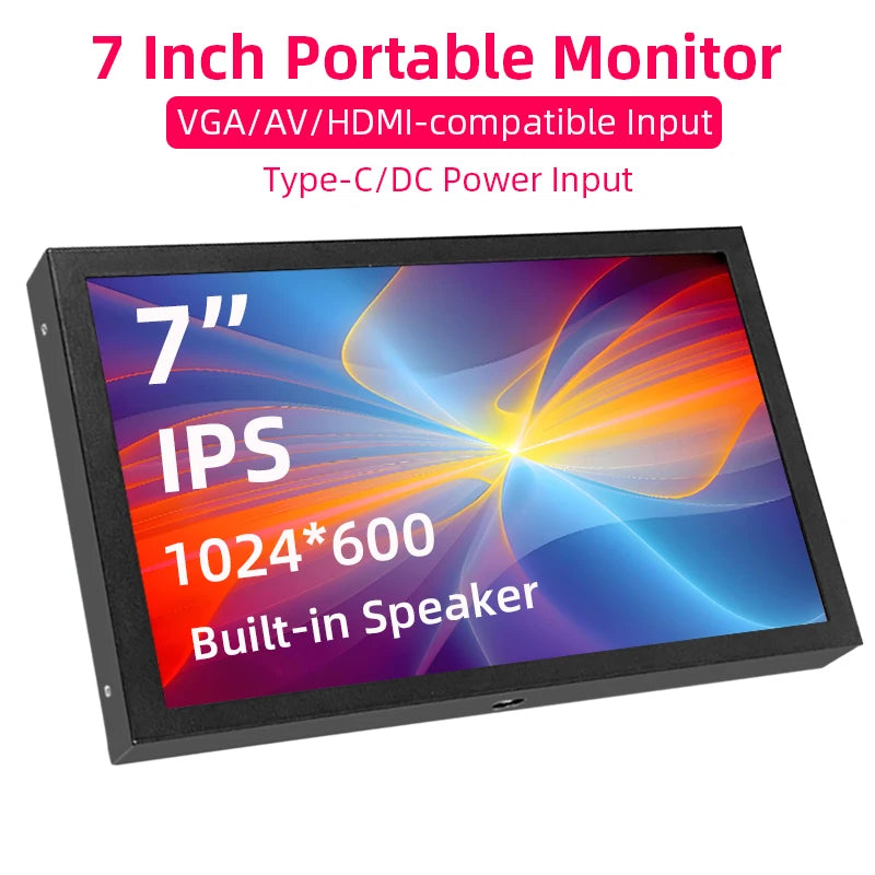 7 Inch Portable Display 1024x600 IPS Screen HDMI-compatible VGA AV Input Monitor for PC Laptop Camera TV Box RPI LCD