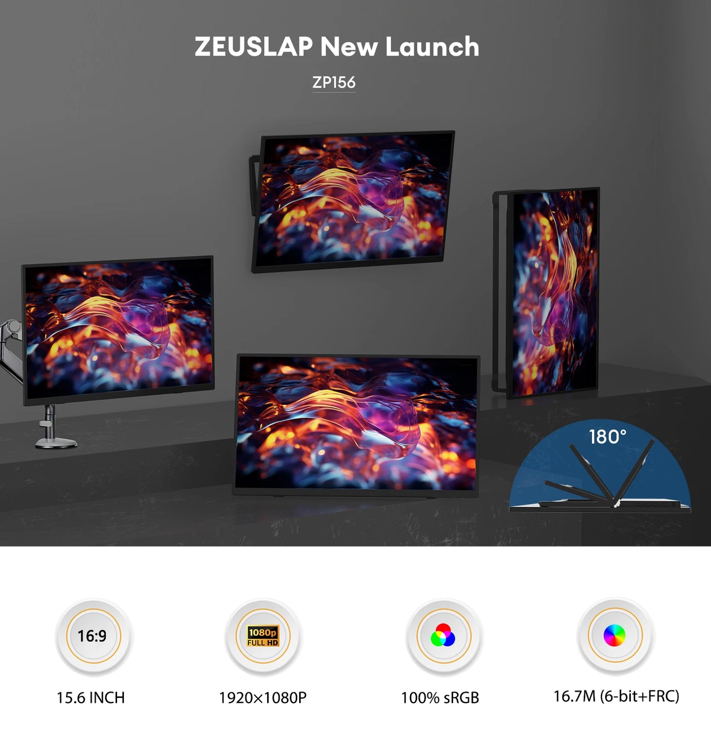 ZEUSLAP 15.6" FHD 100%sRGB 300Nits Ultra thin Back Stand Design Portable Monitor for Phone Gaming Laptop