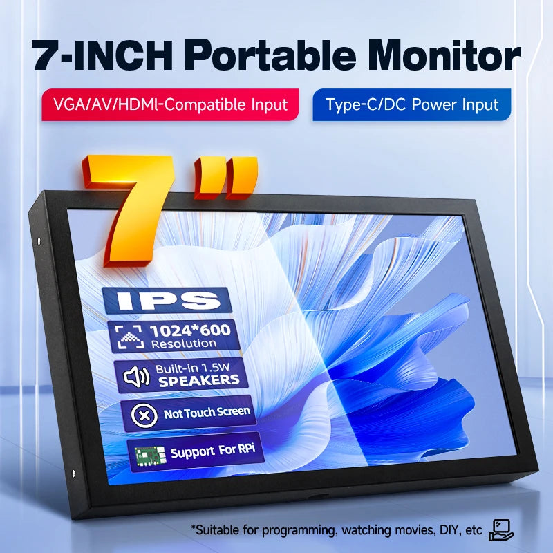7 Inch Portable Display 1024x600 IPS Screen HDMI-compatible VGA AV Input Monitor for PC Laptop Camera TV Box RPI LCD