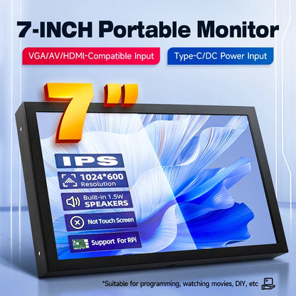 7 Inch Portable Display 1024x600 IPS Screen HDMI-compatible VGA AV Input Monitor for PC Laptop Camera TV Box RPI LCD
