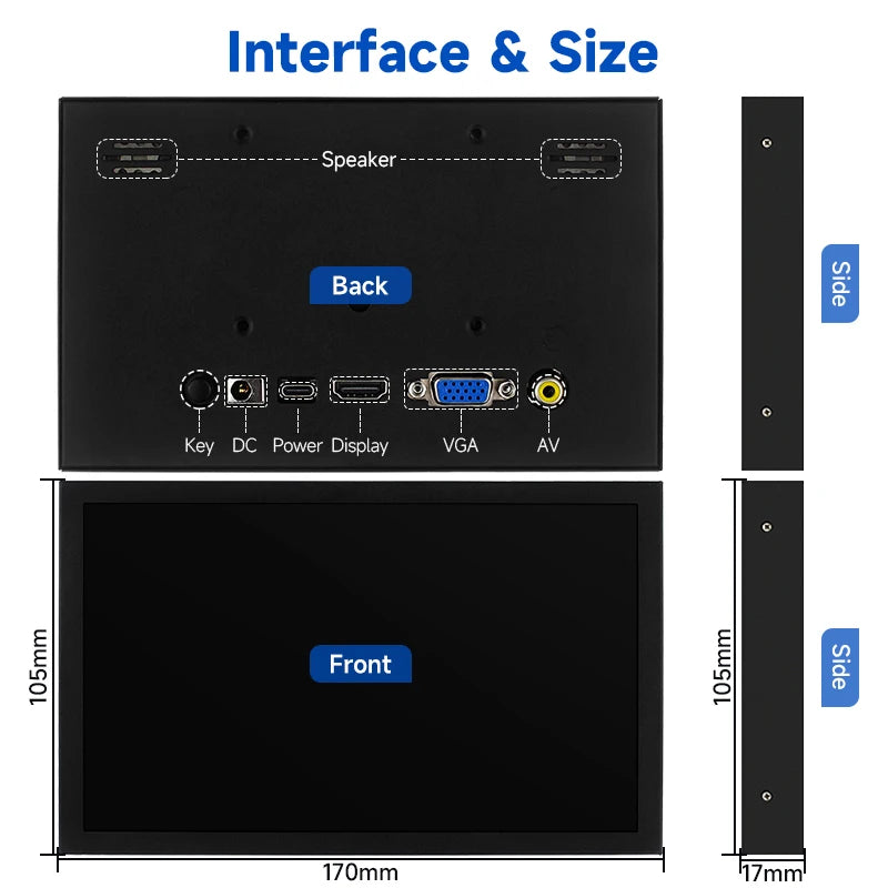 7 Inch Portable Display 1024x600 IPS Screen HDMI-compatible VGA AV Input Monitor for PC Laptop Camera TV Box RPI LCD